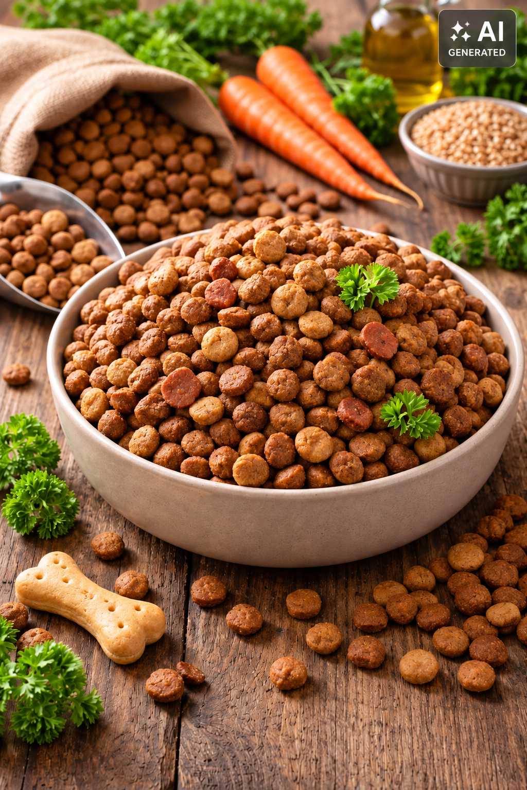 Schale mit Hundefutter neben Karotten, Kräutern und weiteren Zutaten